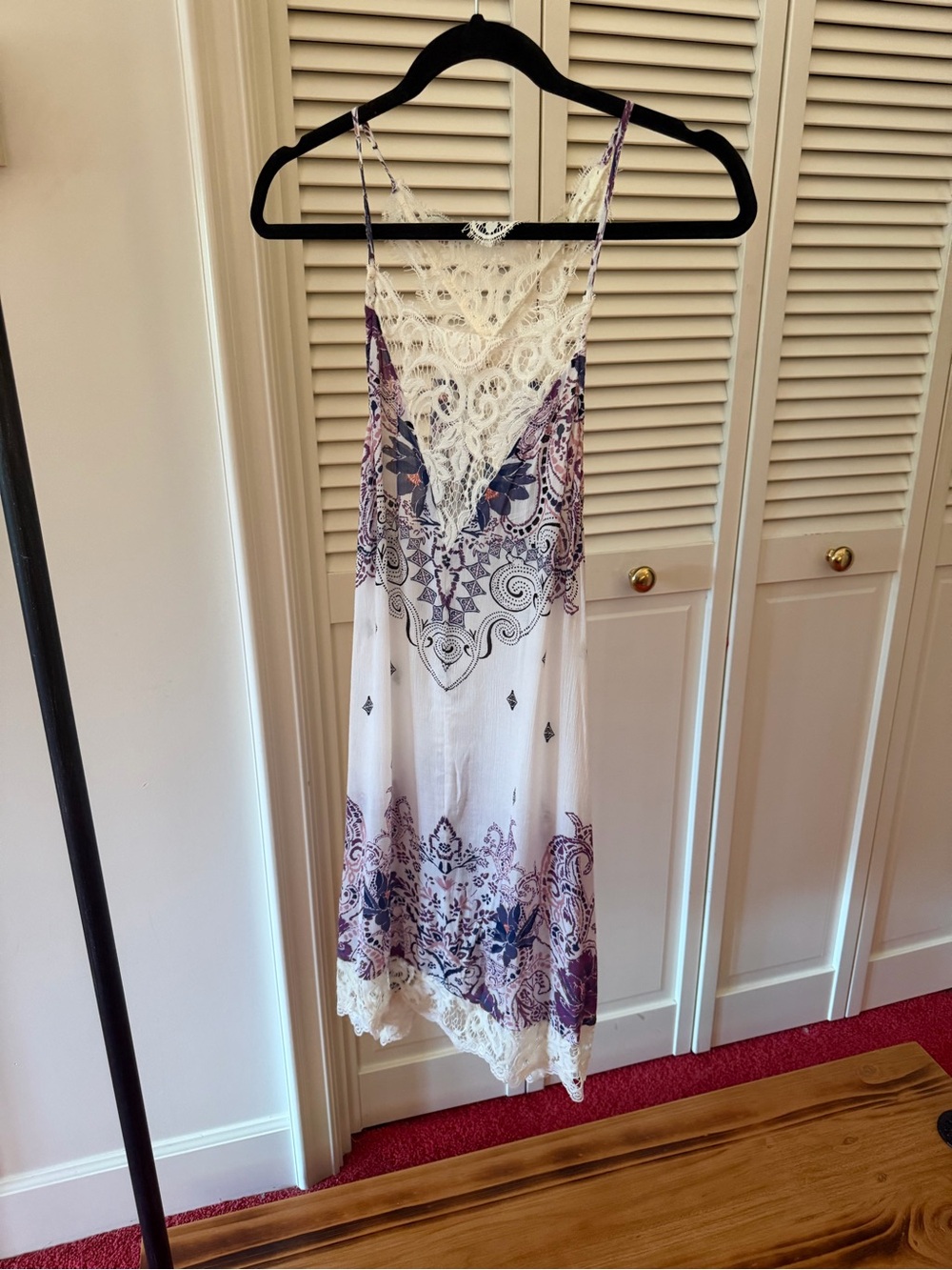 Free People White Slip Dress with Purple Floral Print and Cream Lace